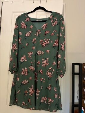 Madewell Green Floral V-Neck Long-Sleeve Women's Dress